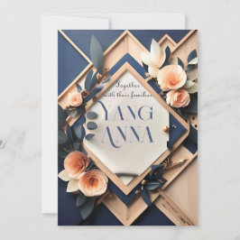 Invitación Boda Geométrico Rosado Rubor azul de la Marina Rus