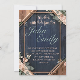 Invitación Boda Geométrico Rosado Rubor azul de la Marina Rus