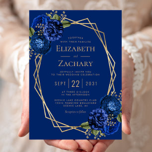 Invitación Boda Geométrico Royal Blue Floral Gold