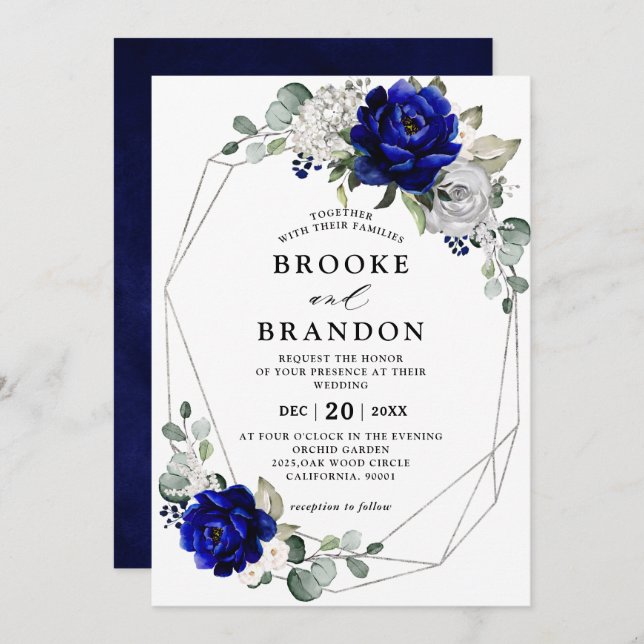 Invitación Boda Geométrico Royal Blue Silver White Ivory (Anverso / Reverso)