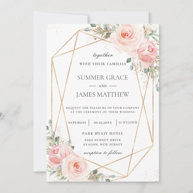 Invitación Boda Geométrico Rubor Floral Gold Rosado  (Anverso)