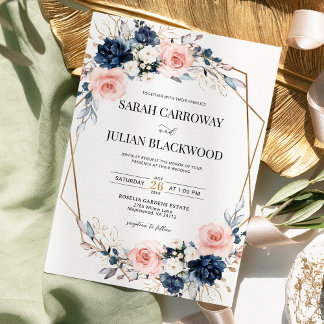 Invitación Boda Geométrico Rubor Pink Navy Blue Floral Gold