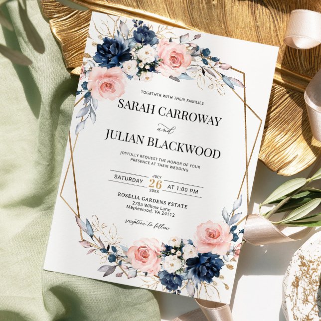 Invitación Boda Geométrico Rubor Pink Navy Blue Floral Gold (Subido por el creador)