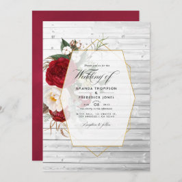 Invitación Boda Geométrico Rústico de Borgoña y Floral Blanco