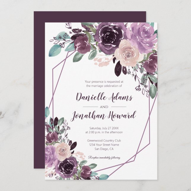 Invitación Boda Geométrico Sangria Purple Floral | (Anverso / Reverso)