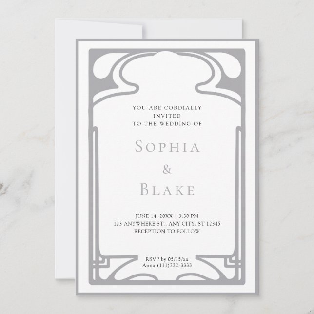 Invitación Boda Geométrico Silver y White Art Deco (Anverso)
