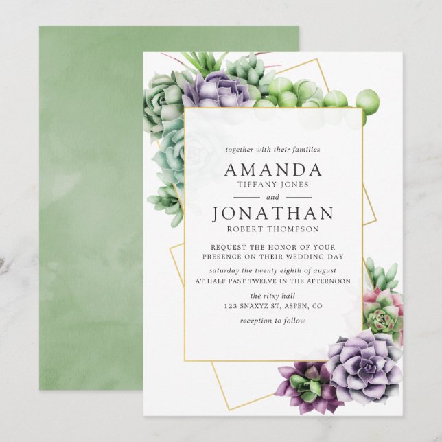 Invitación Boda Geométrico Suculento de Acuarela (Anverso / Reverso)
