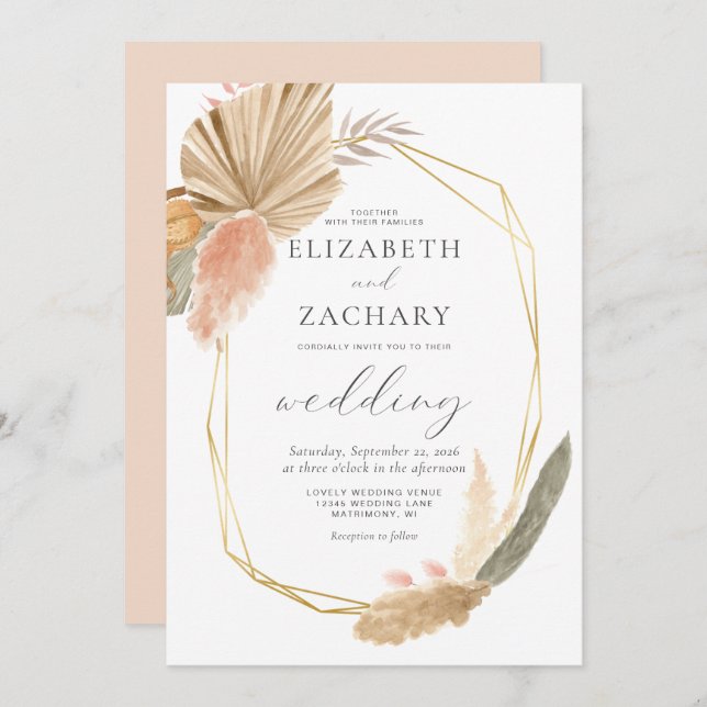 Invitación Boda Geométrico Tropical Palm Gold (Anverso / Reverso)