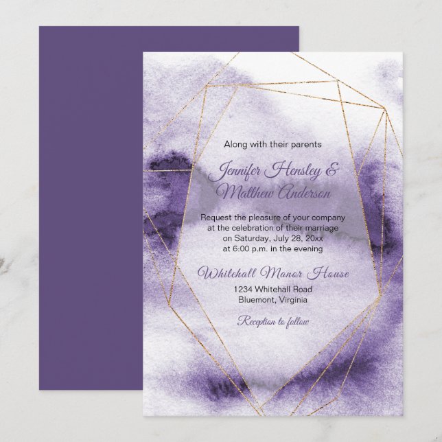Invitación Boda Geométrico Ultra Violeta Purple Gold Moderno (Anverso / Reverso)