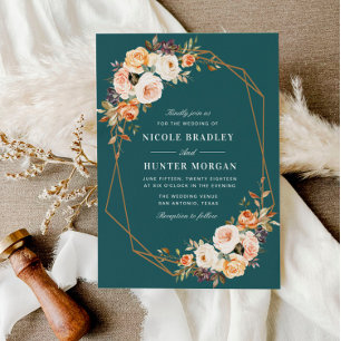 Invitación boda geométrico verde azulado floral de otoño eleg
