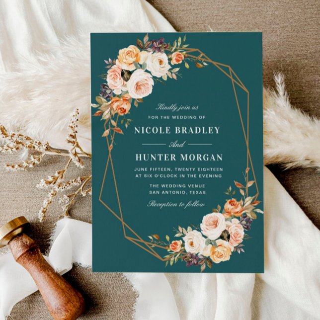 Invitación boda geométrico verde azulado floral de otoño eleg (Subido por el creador)