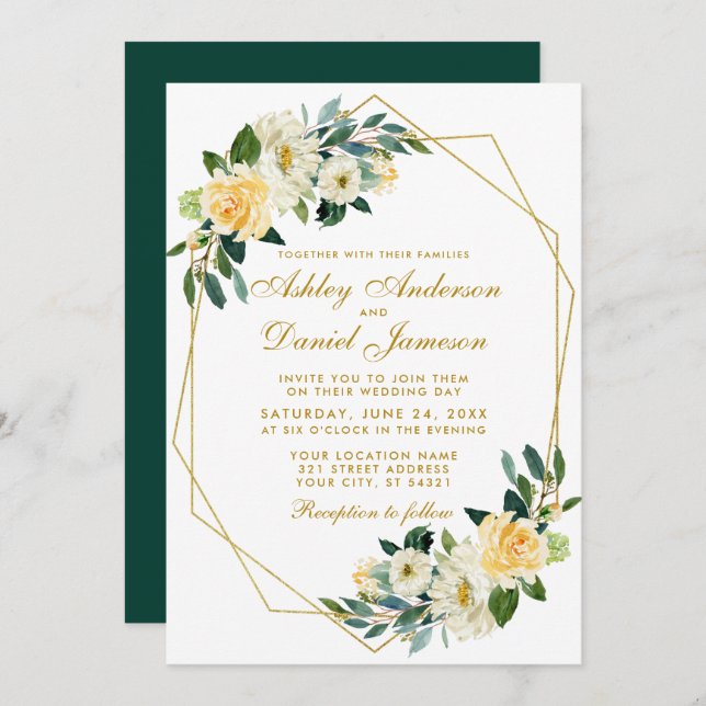 Invitación Boda geométrico verde de cazador de oro amarillo f (Anverso / Reverso)