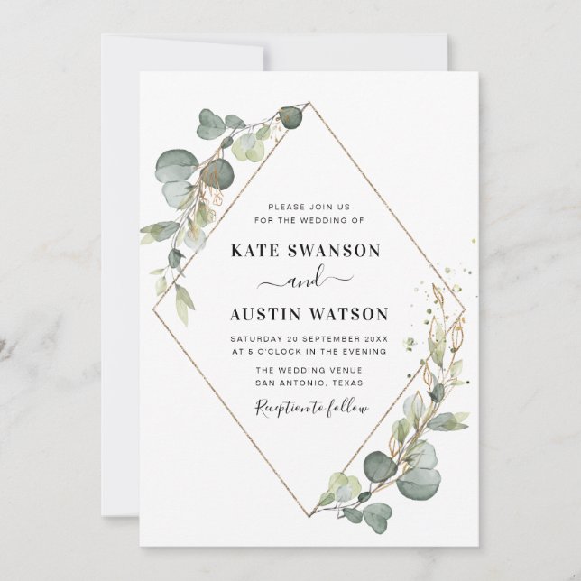 Invitación boda geométrico verde eucalipto (Anverso)