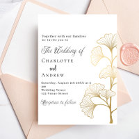 Boda ginkgo deja lujo de escritura dorada blanca