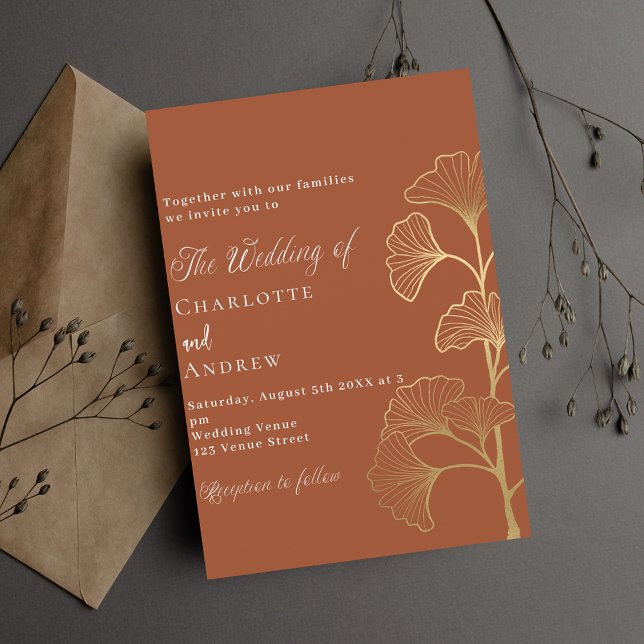 Invitación Boda ginkgo hojas terracota dorado (Subido por el creador)