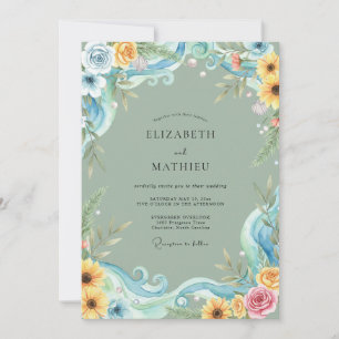Invitación Boda Girasol Amarillo Eucalipto Azul