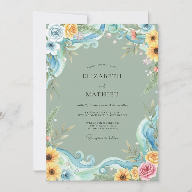 Invitación Boda Girasol Amarillo Eucalipto Azul (Anverso)