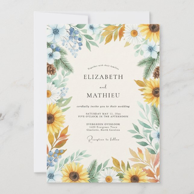 Invitación Boda Girasol Dorado Eucalipto Azul (Anverso)