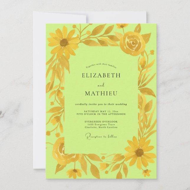 Invitación Boda girasol dorado eucalipto chartreuse (Anverso)