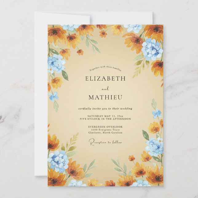 Invitación Boda Girasol Eucalipto Azul Ocra (Anverso)