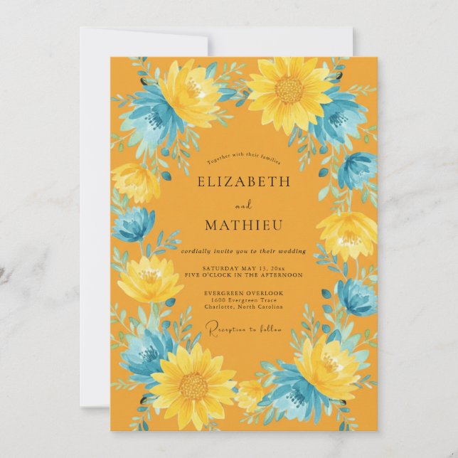 Invitación Boda girasol eucalipto sol dorado azul celeste (Anverso)