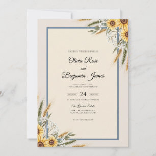 Invitación Boda Girasol Trigo Azul Marino Eucalipto