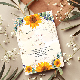 Invitación Boda girasoles purpurina de oro eucalipto