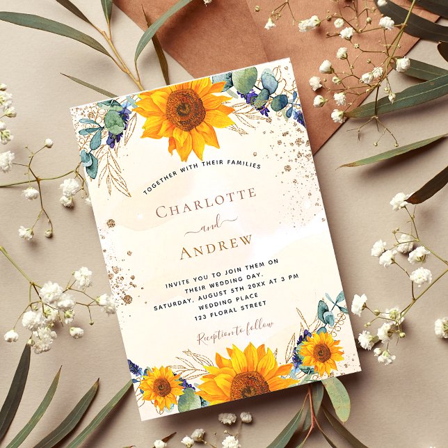 Invitación Boda girasoles purpurina de oro eucalipto (Subido por el creador)