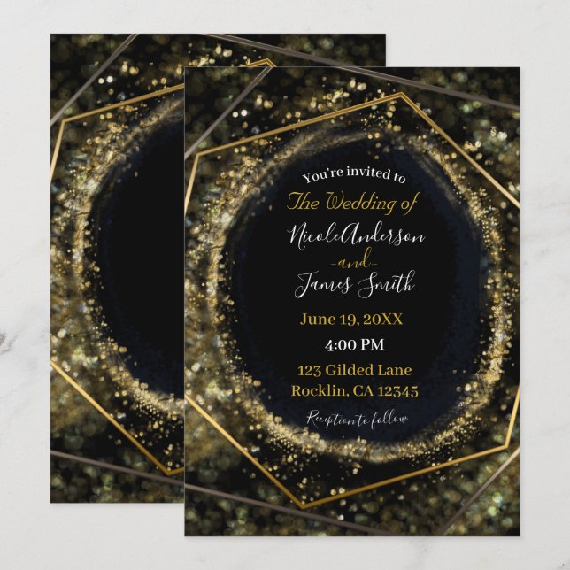 Invitación Boda Glam Abstracta Moderna en Dorado y Negro (Anverso / Reverso)