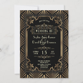 Invitación Boda Glam Art Deco Dorado Negro Estilo Gatsby 20s