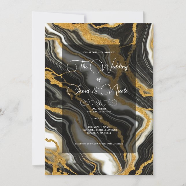 Invitación  Boda Glam Aspecto Mármol Negro Blanco Dorado  (Anverso)