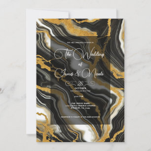 Invitación  Boda Glam Aspecto Mármol Negro Blanco Dorado 