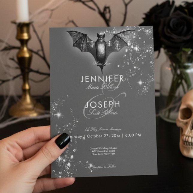 Invitación Boda Glam Bat & Diamonds de Halloween oscuro (Subido por el creador)
