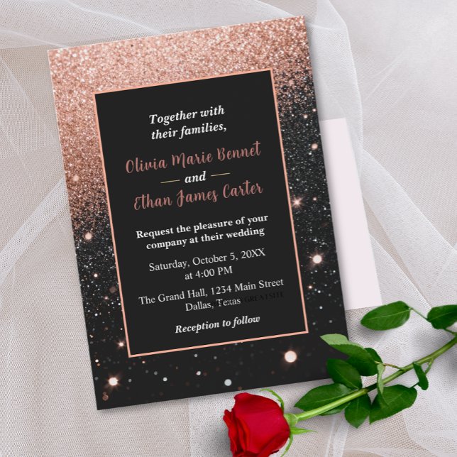 Invitación boda glam chic rosa oro Glitter marco dorado (Subido por el creador)
