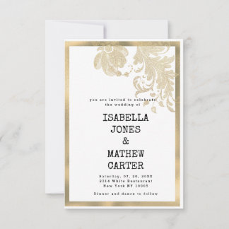 Invitación Boda glam con flores de purpurina de oro blanco de