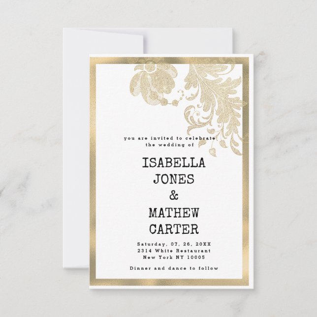 Invitación Boda glam con flores de purpurina de oro blanco de (Anverso)
