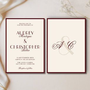 Invitación Boda Glam con Monograma de Borgoña Estilo Antiguo