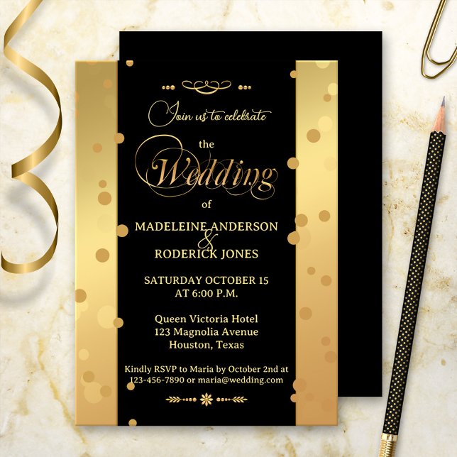 Invitación Boda Glam de Confetti Negro Gold (A stylish wedding invitation in gold and black with festive confetti sparkles)