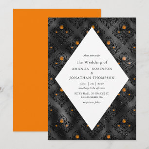 Invitación Boda Glam de Damasco de Hoja de Faux Naranja y Neg