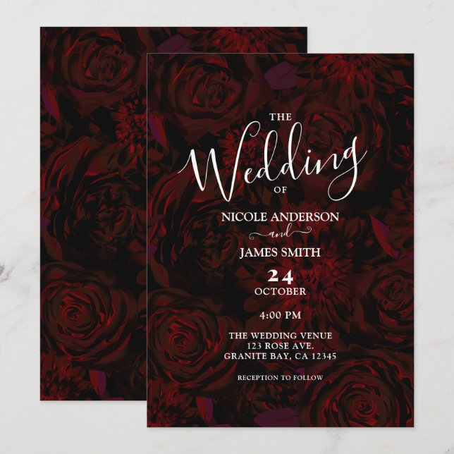 Invitación Boda Glam de Flores Rojas Románticas de los Jardin (Anverso / Reverso)