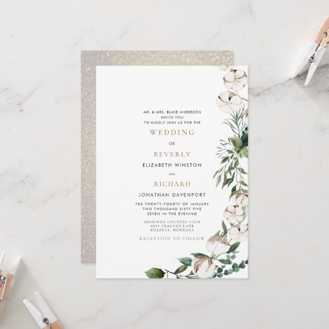 Invitación Boda Glam de Novia con Padres Follaje y Algodón (Anverso/Reverso In Situ)
