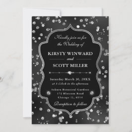 Invitación Boda Glam Diamantes Brillo Negro Elegante