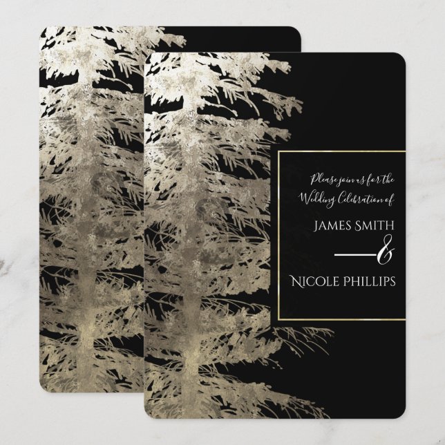 Invitación Boda Glam dorado y negro Árbol de pino Bosque rúst (Anverso / Reverso)