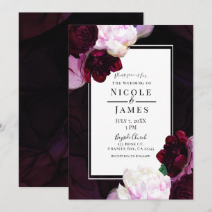 Invitación Boda Glam Elegante Moderna Floral Oscura con Vino
