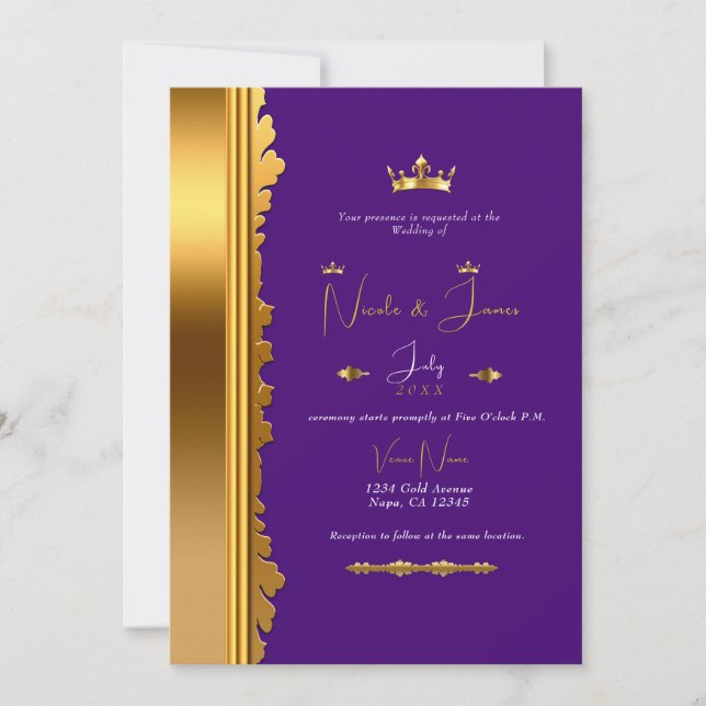 Invitación Boda Glam Elegante Oro Púrpura Real   (Anverso)