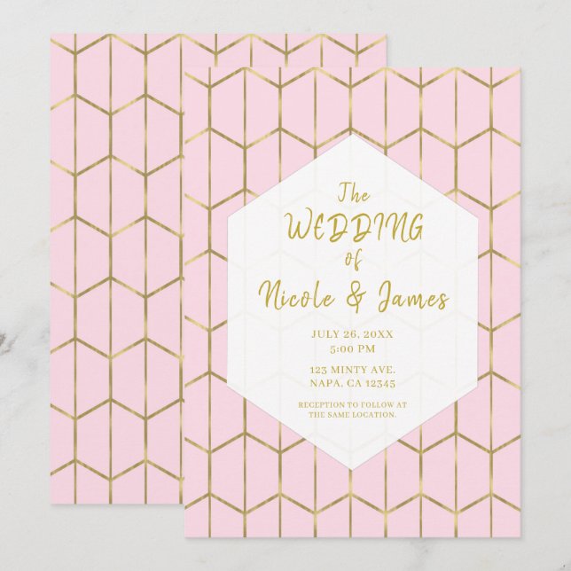 Invitación Boda Glam Geométrica Dorada Hexágono Rosa Boho (Anverso / Reverso)