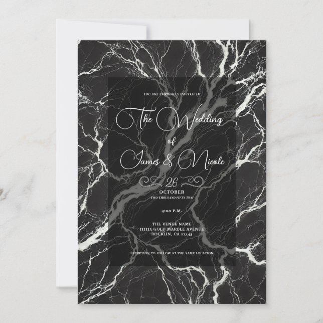 Invitación Boda Glam Mármol Chic Negra y Blanca de Moda (Anverso)