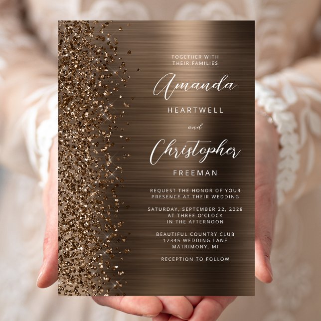 Invitación Boda Glam Metal Cepillado Brillo Bronce (Subido por el creador)