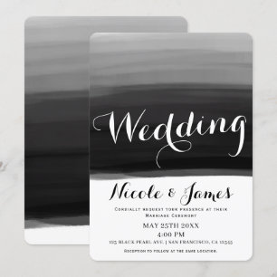 Invitación Boda Glam Moderna Acuarela Negro Gris Blanco