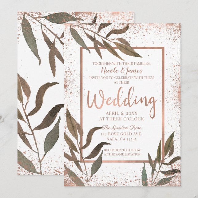 Invitación Boda Glam Moderna Botánica con Cobre y Oro Rosa (Anverso / Reverso)